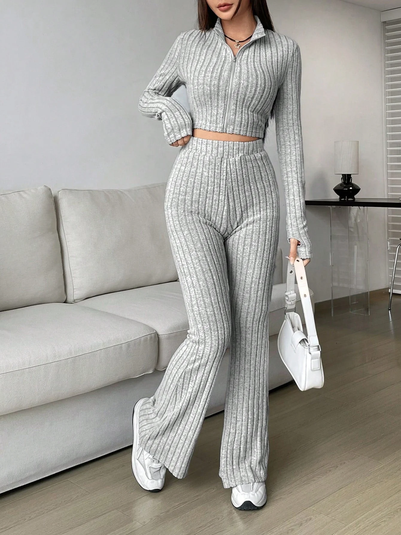 Solid Crop Tee & Flare Leg Pants - Image 10