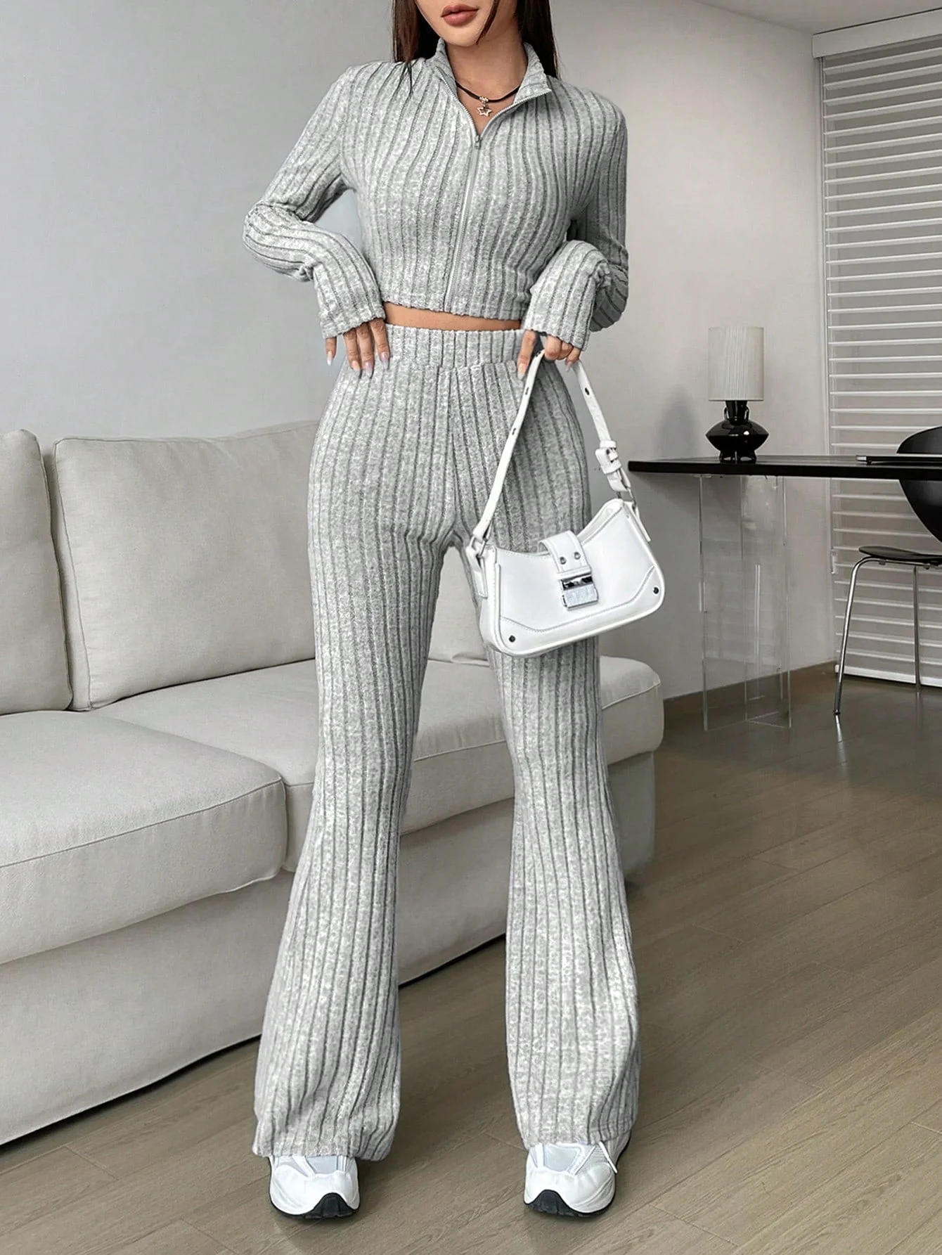 Solid Crop Tee & Flare Leg Pants - Image 11