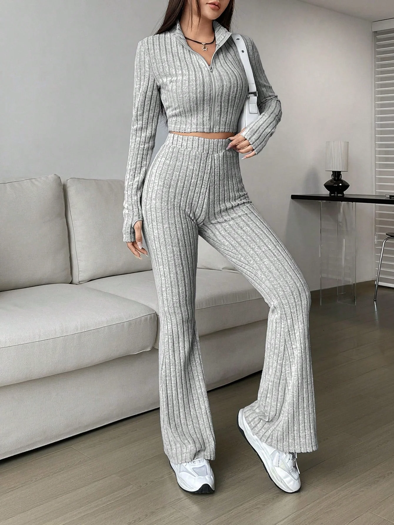 Solid Crop Tee & Flare Leg Pants - Image 12