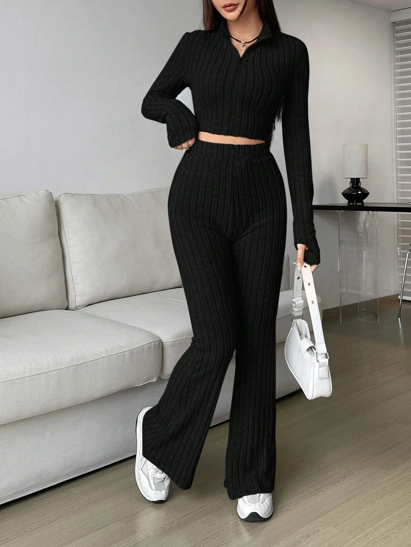 Solid Crop Tee & Flare Leg Pants - Image 3