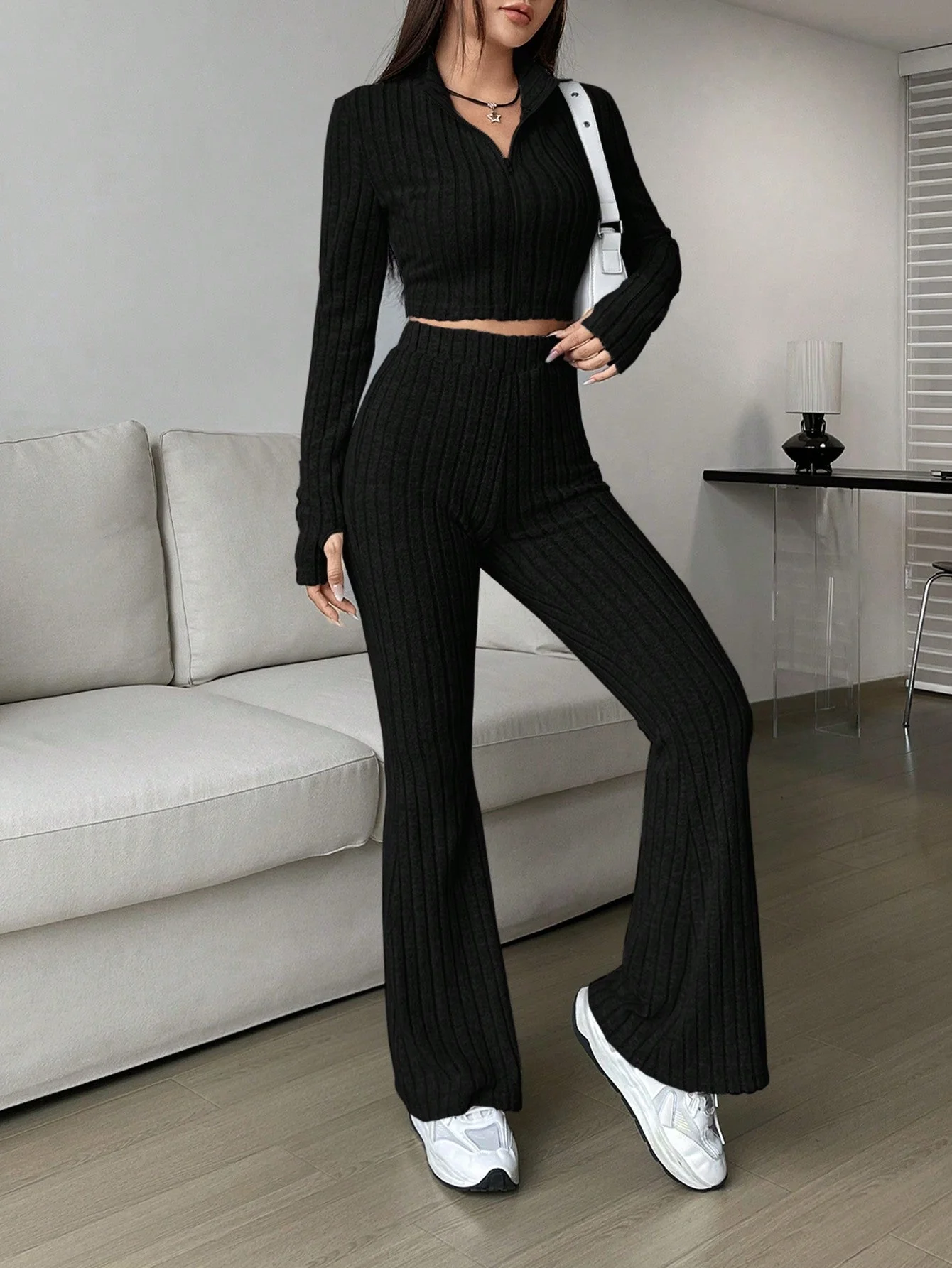 Solid Crop Tee & Flare Leg Pants - Image 5