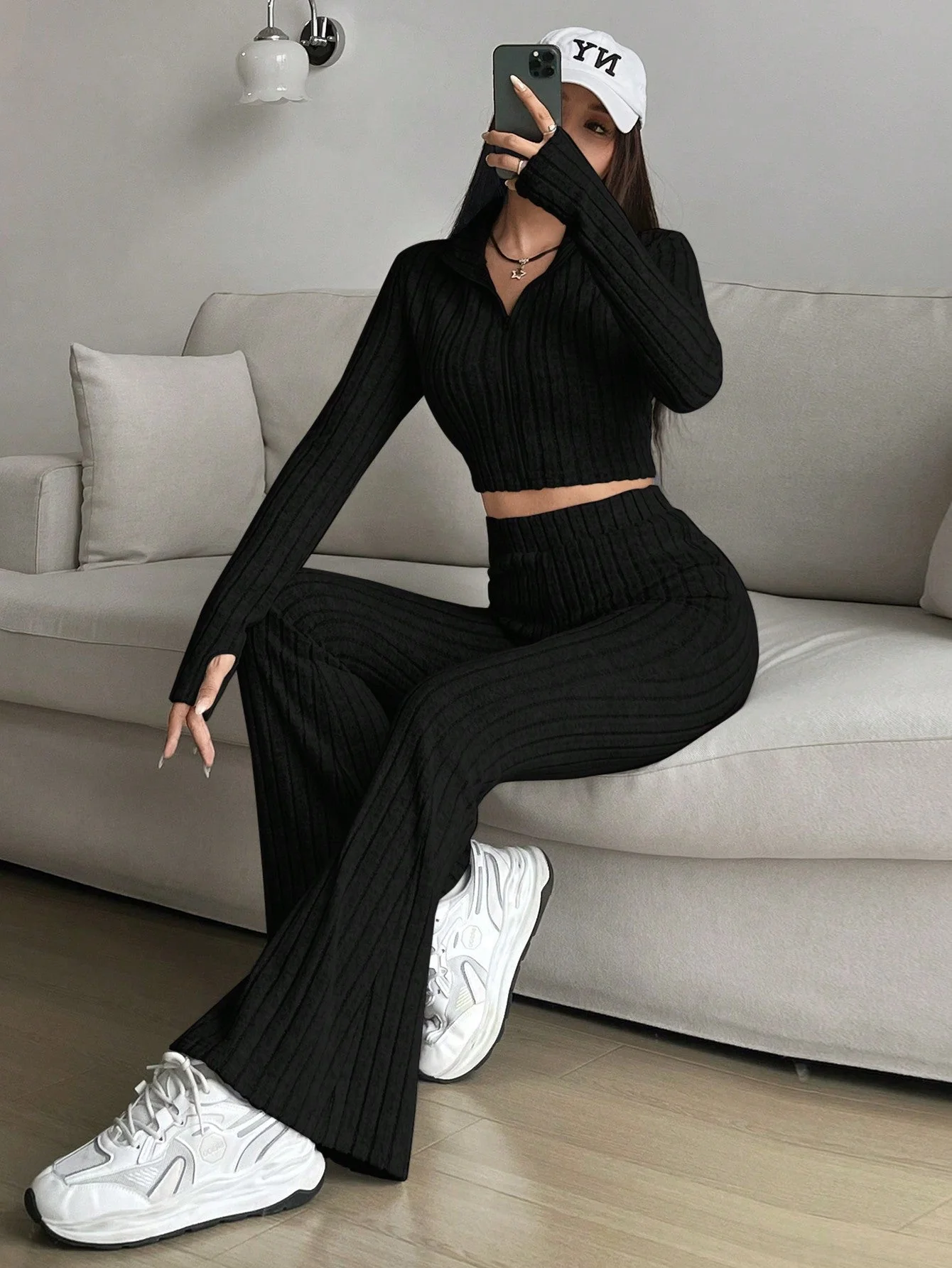 Solid Crop Tee & Flare Leg Pants - Image 6