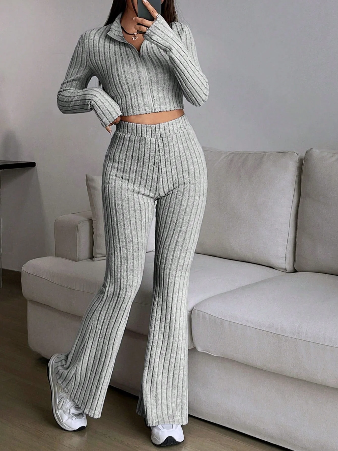 Solid Crop Tee & Flare Leg Pants - Image 7
