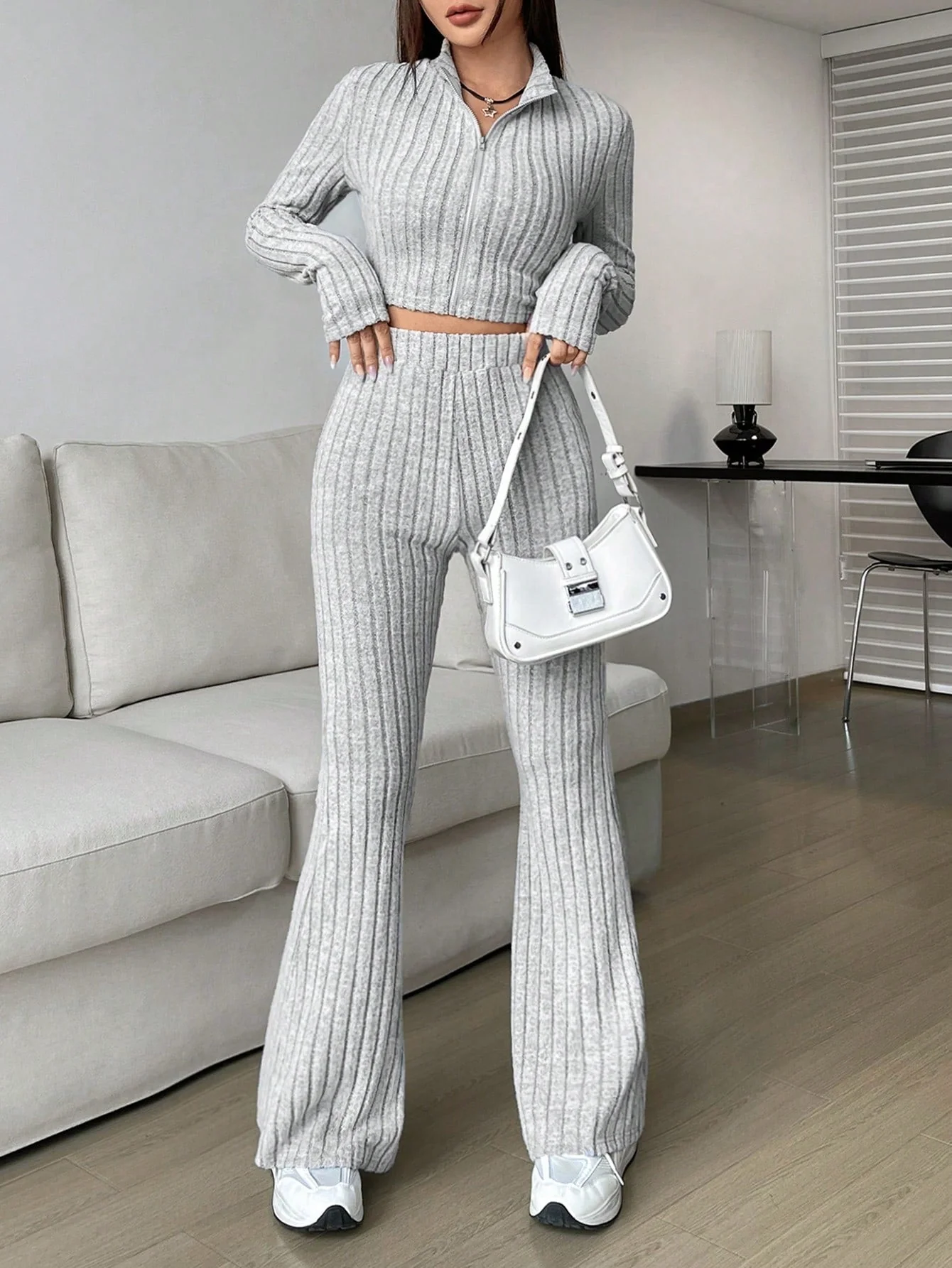 Solid Crop Tee & Flare Leg Pants - Image 8