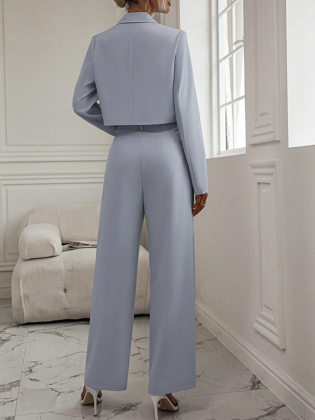 Solid Lapel Neck Crop Blazer & Wide Leg Pants - Image 2