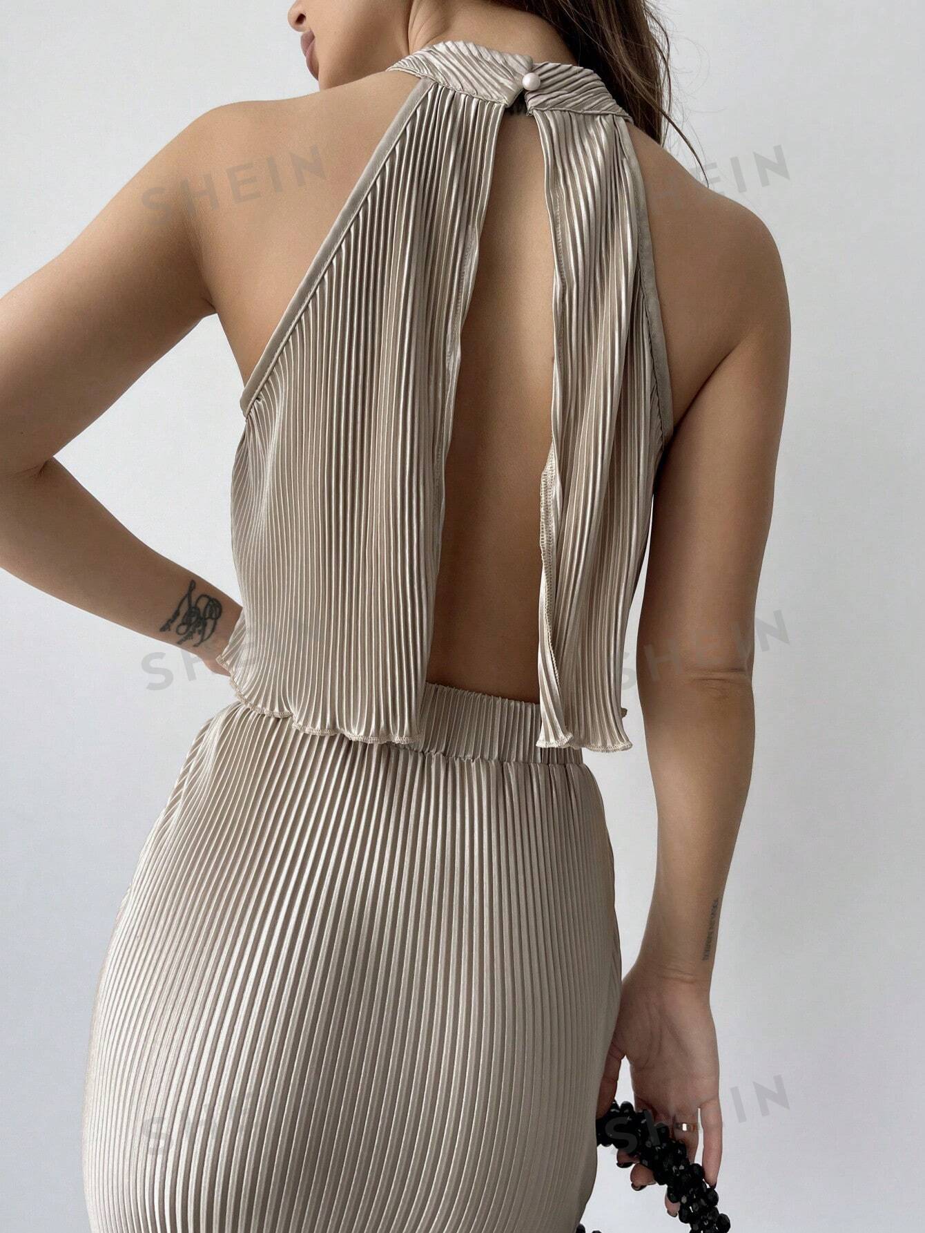 Solid Pleated Fabric Stand Collar Vest + Khaki Mermaid Skirt Women's 2 Piece Set - Image 6