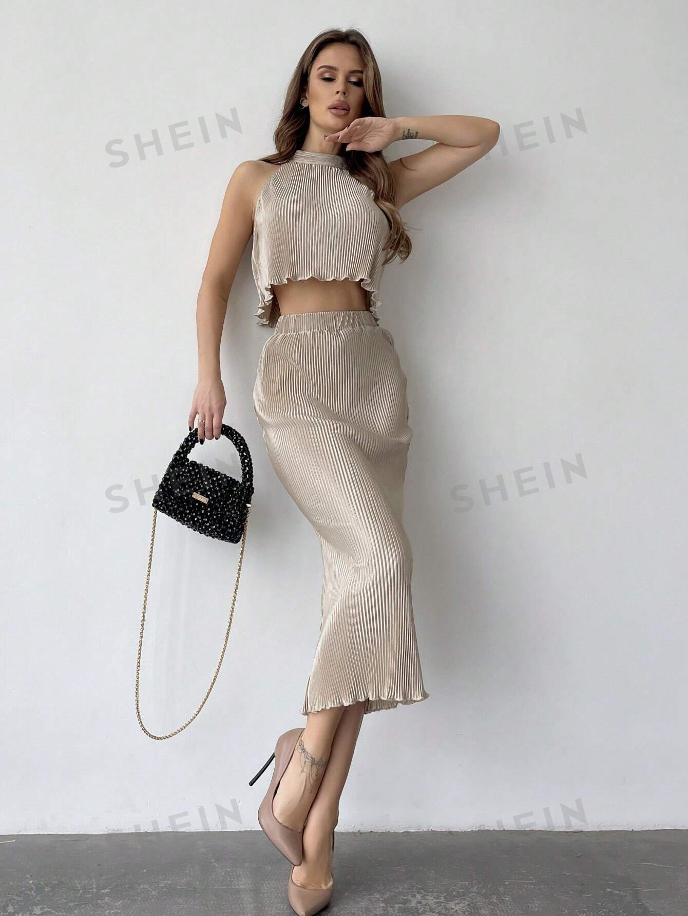 Solid Pleated Fabric Stand Collar Vest + Khaki Mermaid Skirt Women's 2 Piece Set - Image 7