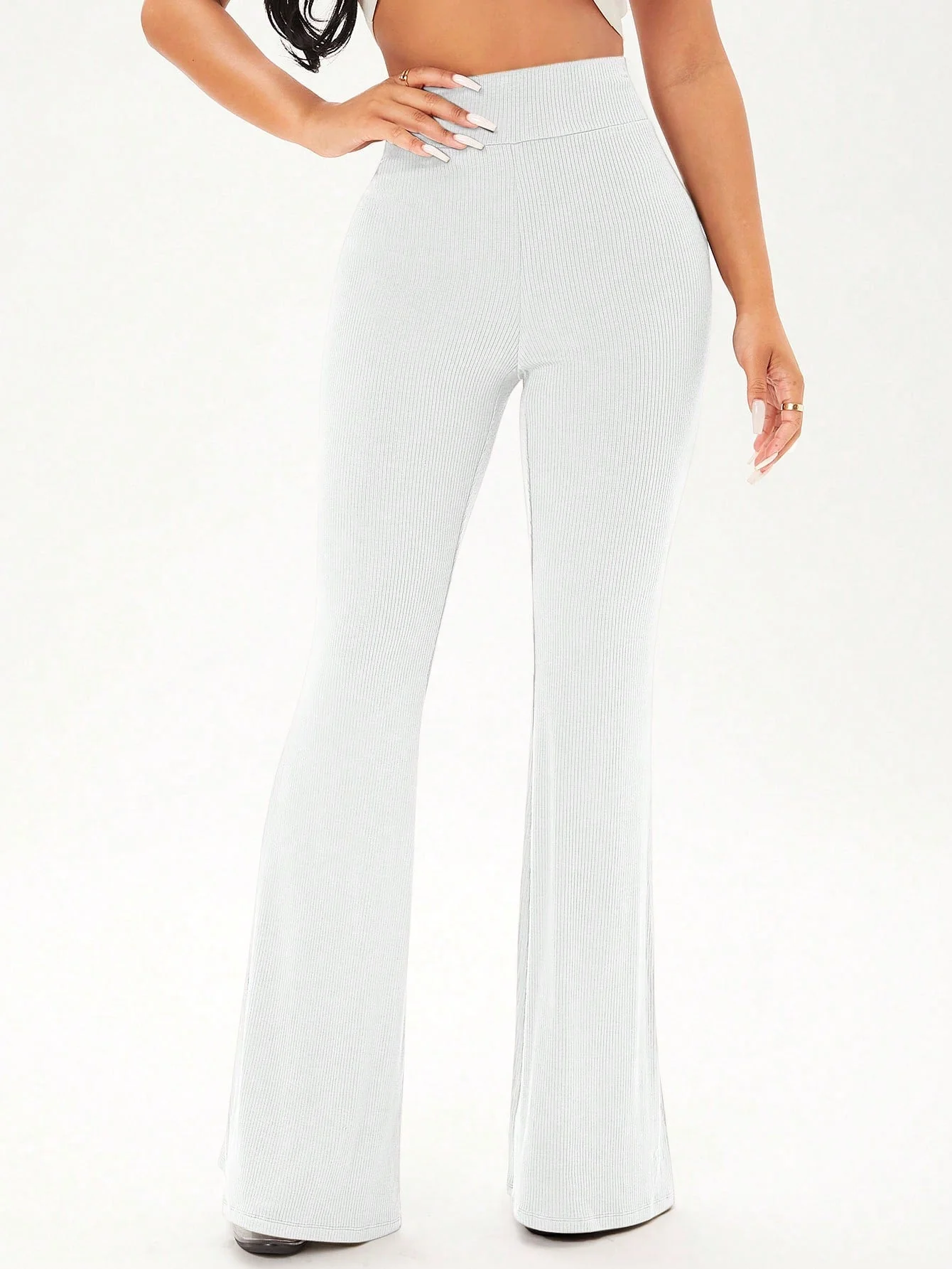 Solid Rib Knit Flare Leg Pants - Image 10
