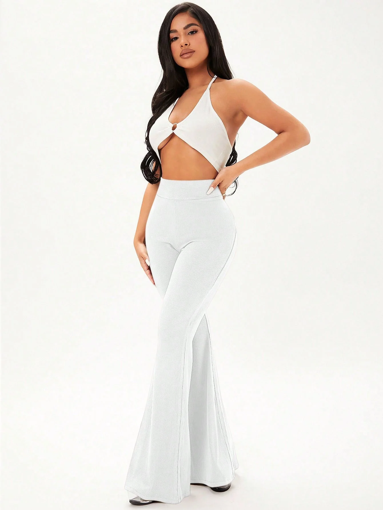 Solid Rib Knit Flare Leg Pants - Image 2