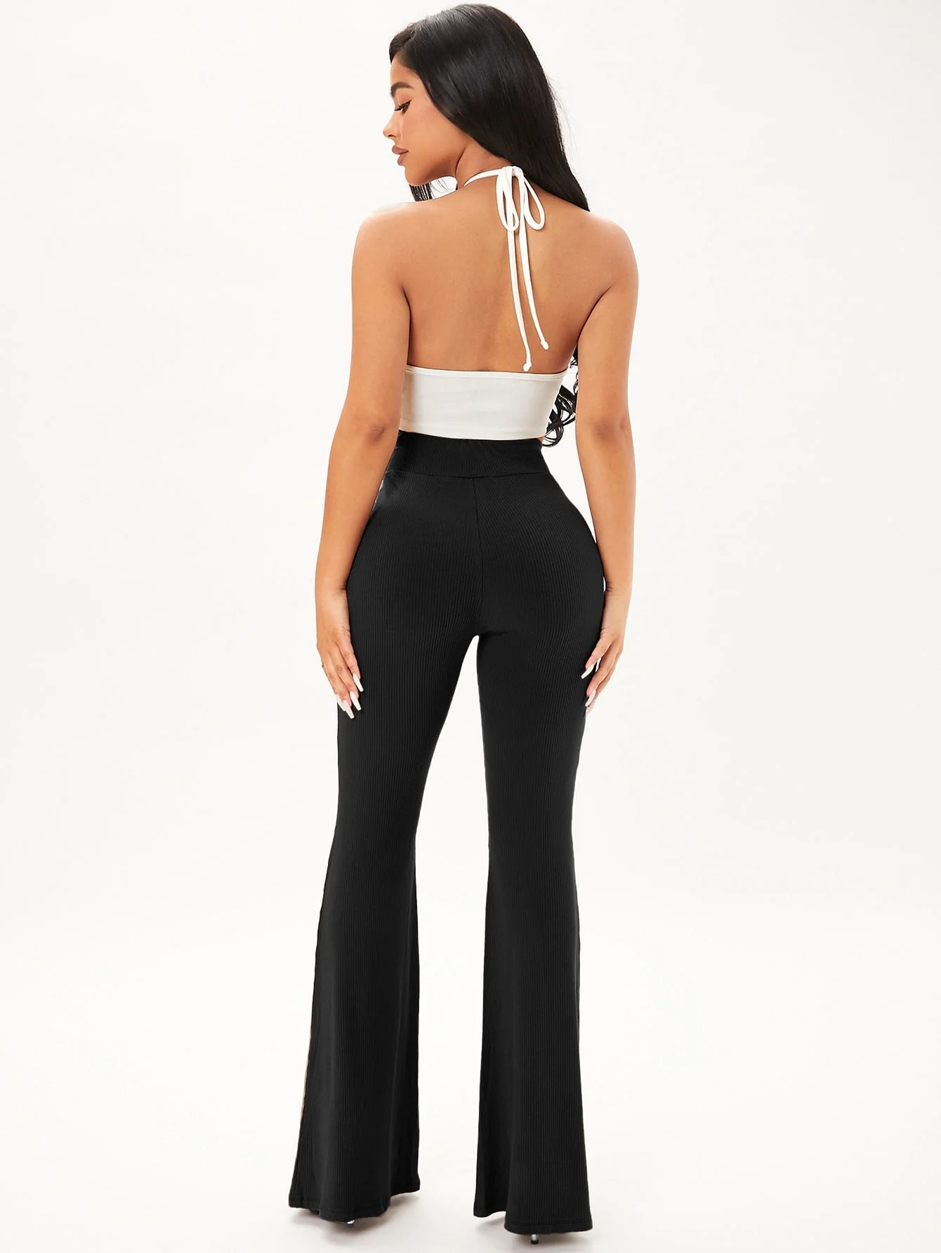 Solid Rib Knit Flare Leg Pants - Image 3