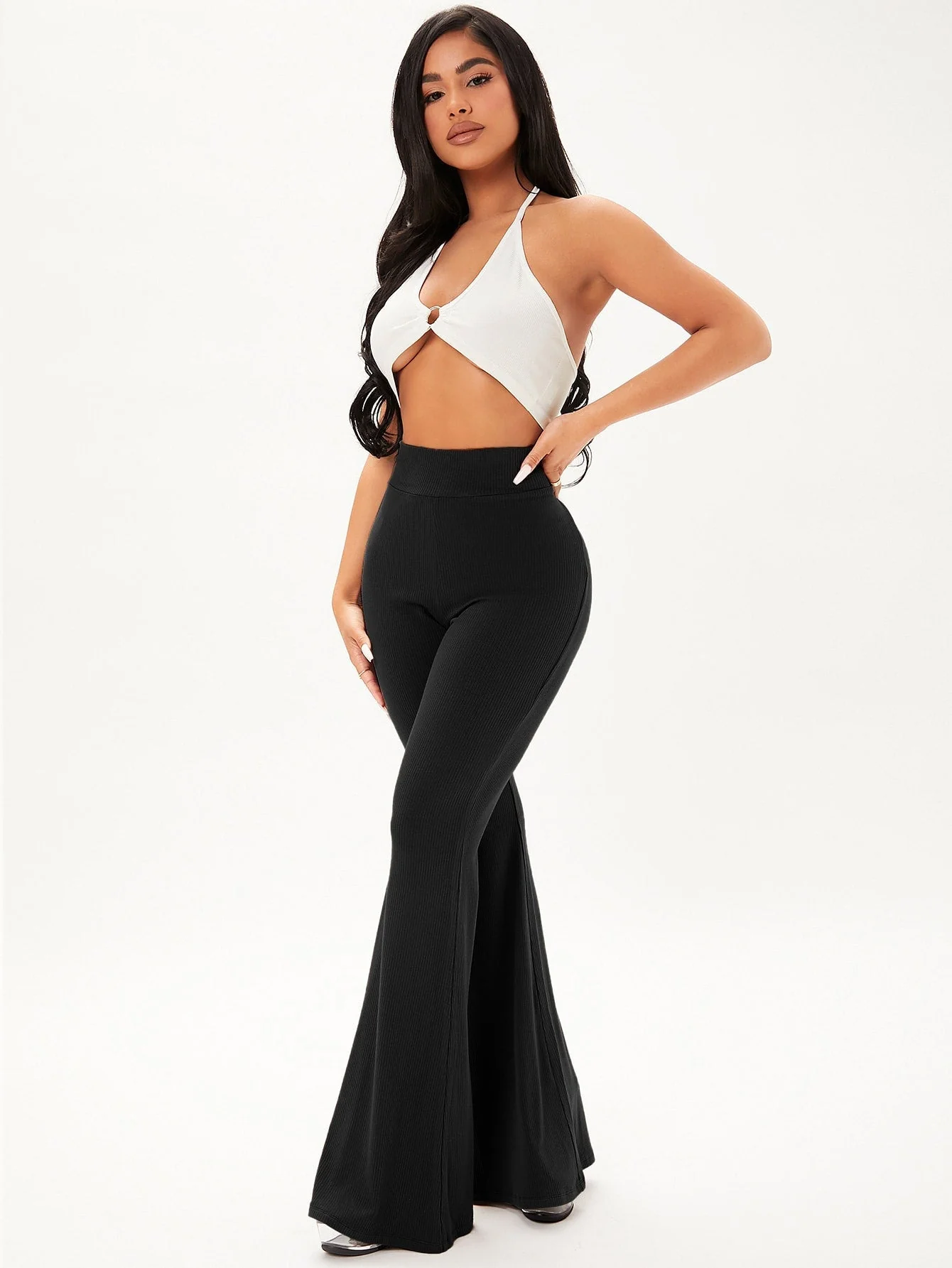 Solid Rib Knit Flare Leg Pants - Image 5
