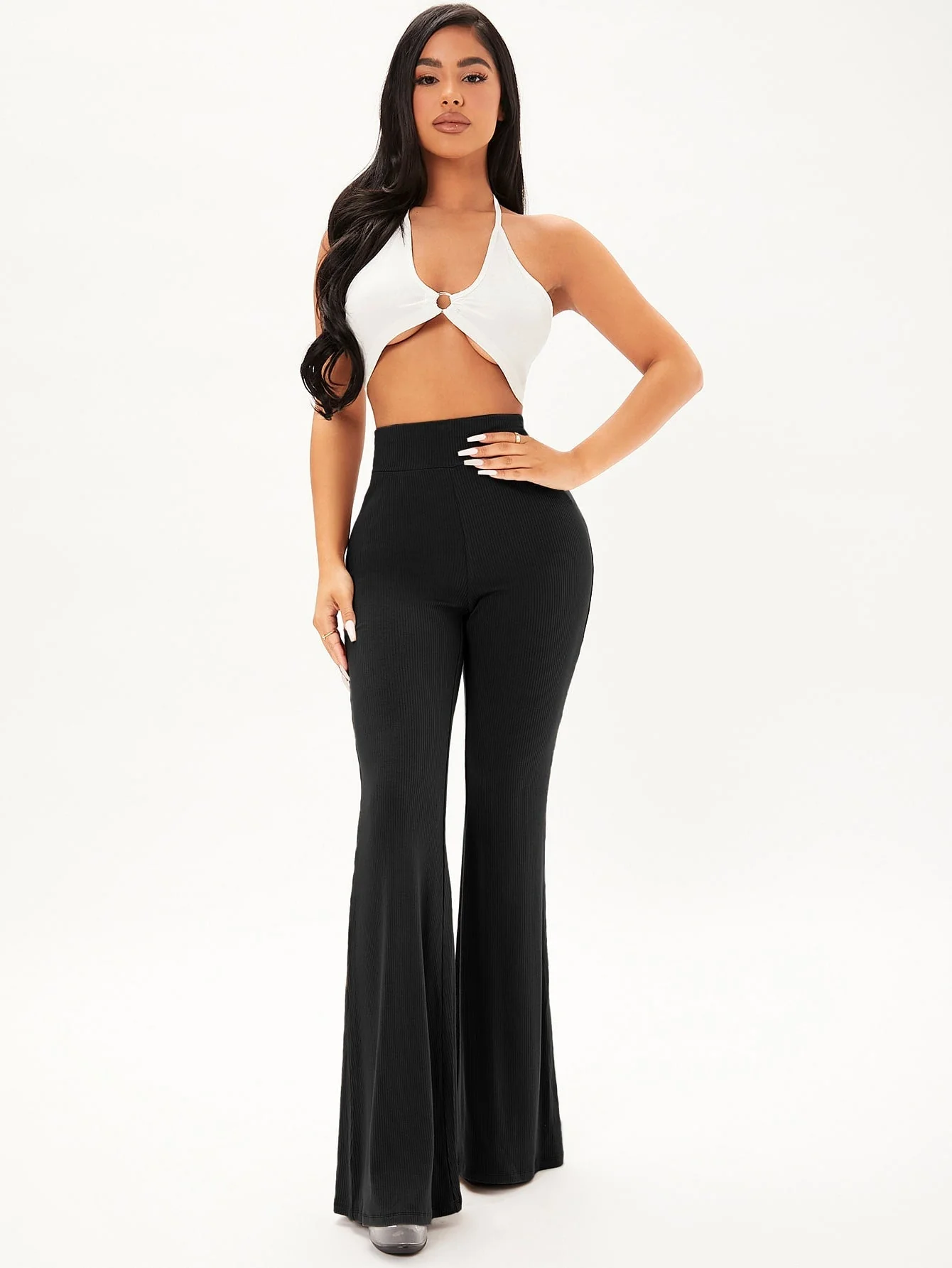 Solid Rib Knit Flare Leg Pants - Image 6