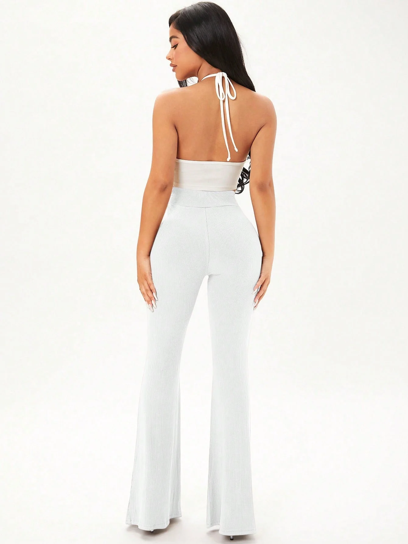 Solid Rib Knit Flare Leg Pants - Image 8