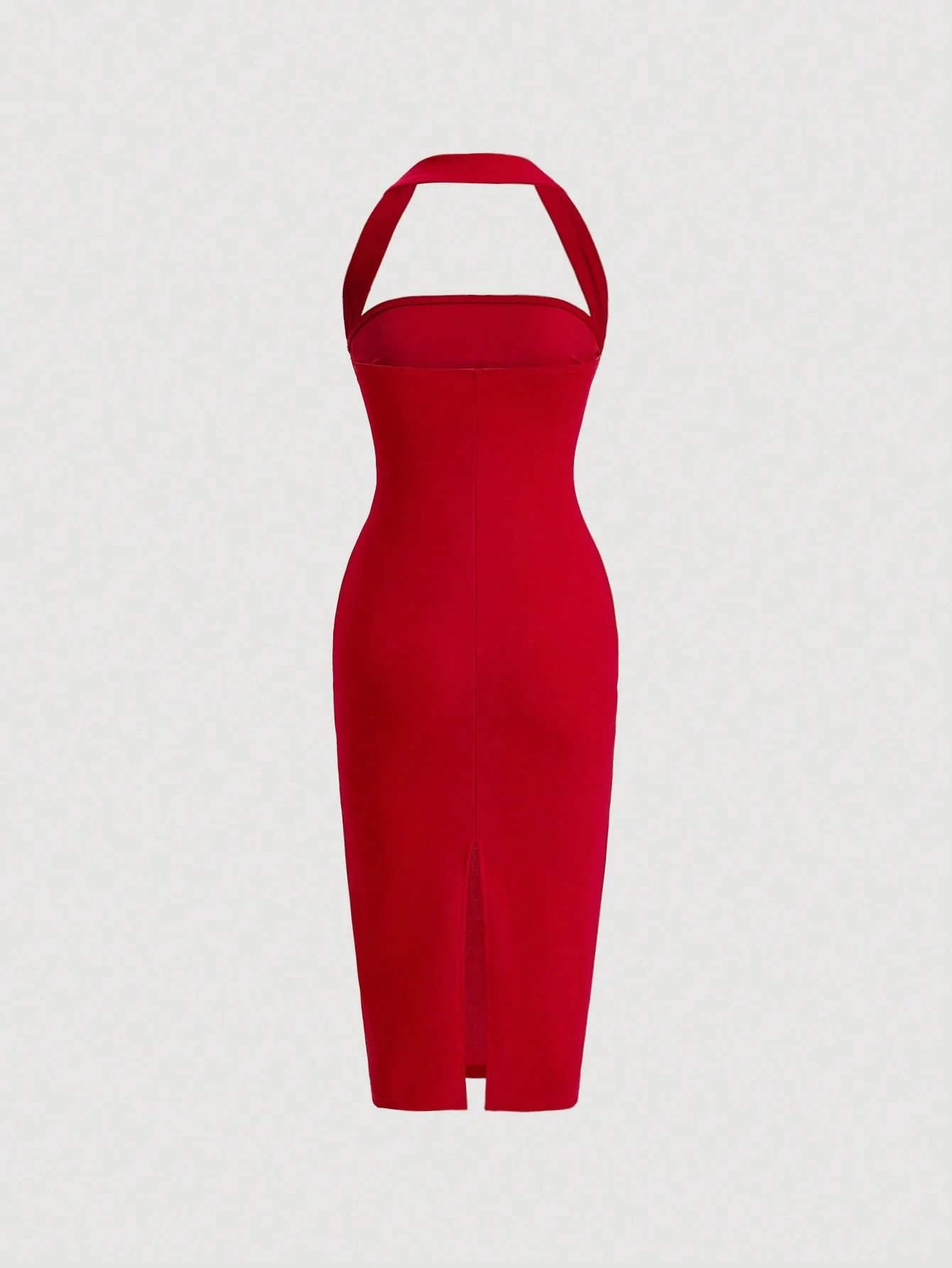 Solid Ruched Halter Neck Backless Dress - Image 2