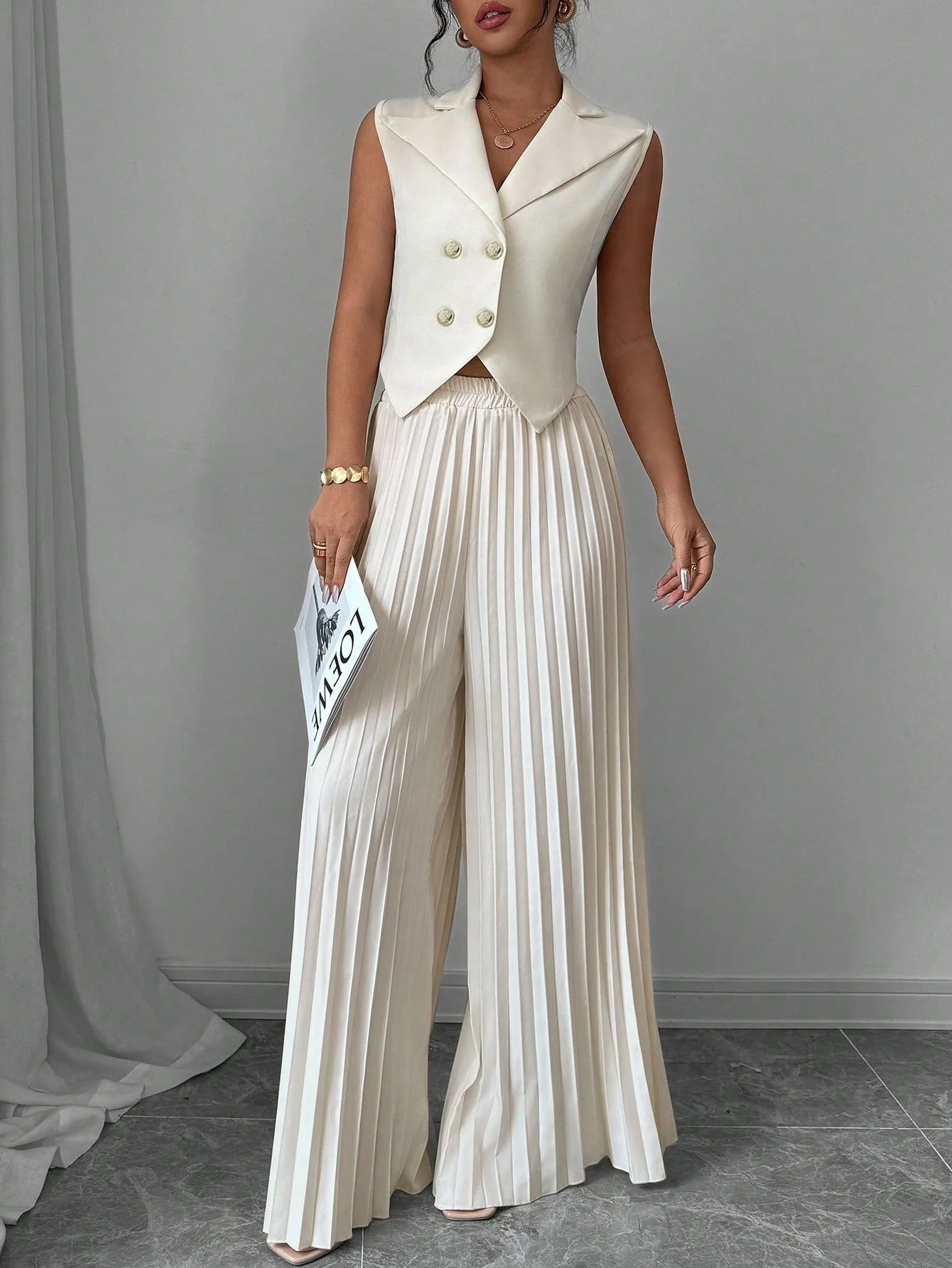 Solid Vest Blazer & Pleated Wide Leg Pants - Image 6