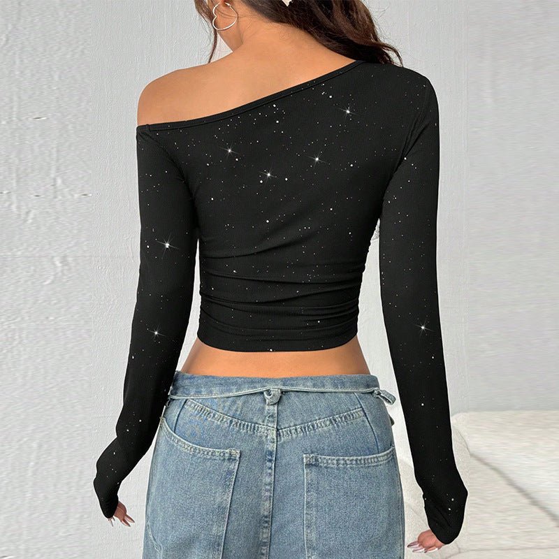 Spice Girls Hot Diamond Slash Shoulder Long Sleeve T-Shirt Women's 2025 Spring ins Slim-fit Knitted Bottom Top - Image 2