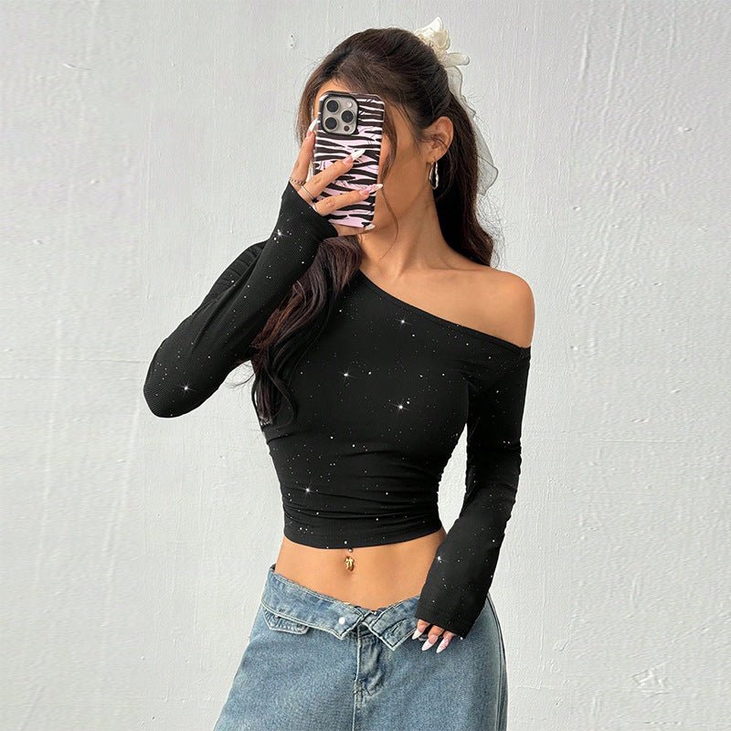 Spice Girls Hot Diamond Slash Shoulder Long Sleeve T-Shirt Women's 2025 Spring ins Slim-fit Knitted Bottom Top - Image 3