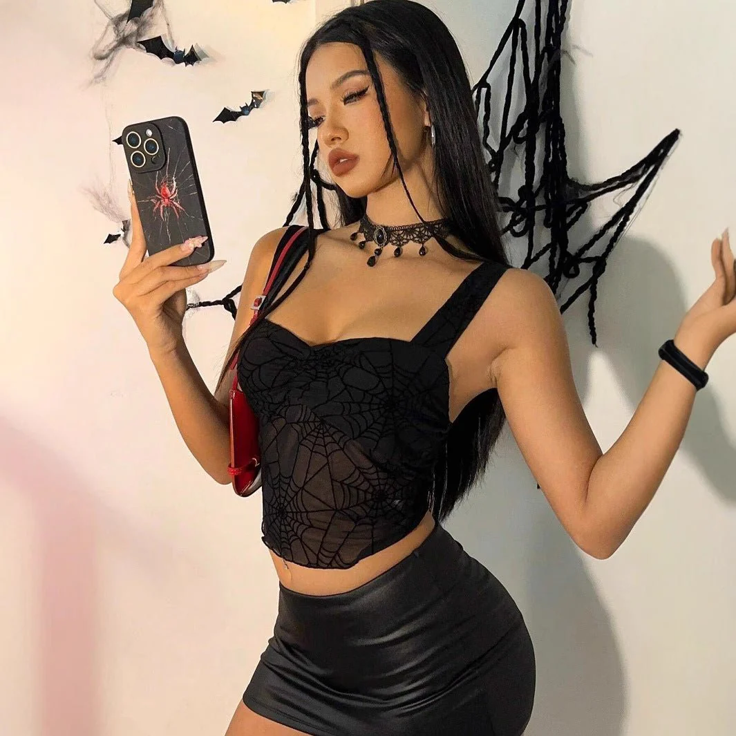 Spider web mesh perspective slim sleeve vestless tops for women FD - Image 3