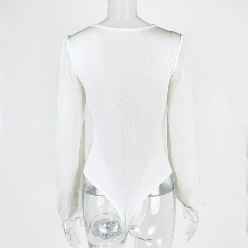 Splicing mesh lantern sleeve jumpsuit female bodysuit - Image 11