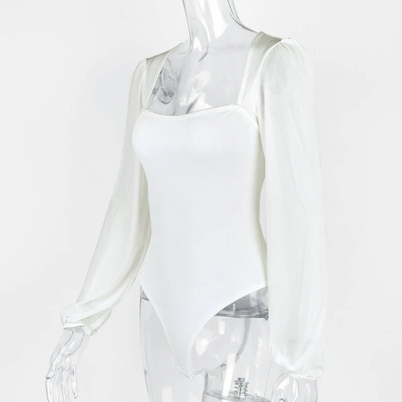 Splicing mesh lantern sleeve jumpsuit female bodysuit - Image 12