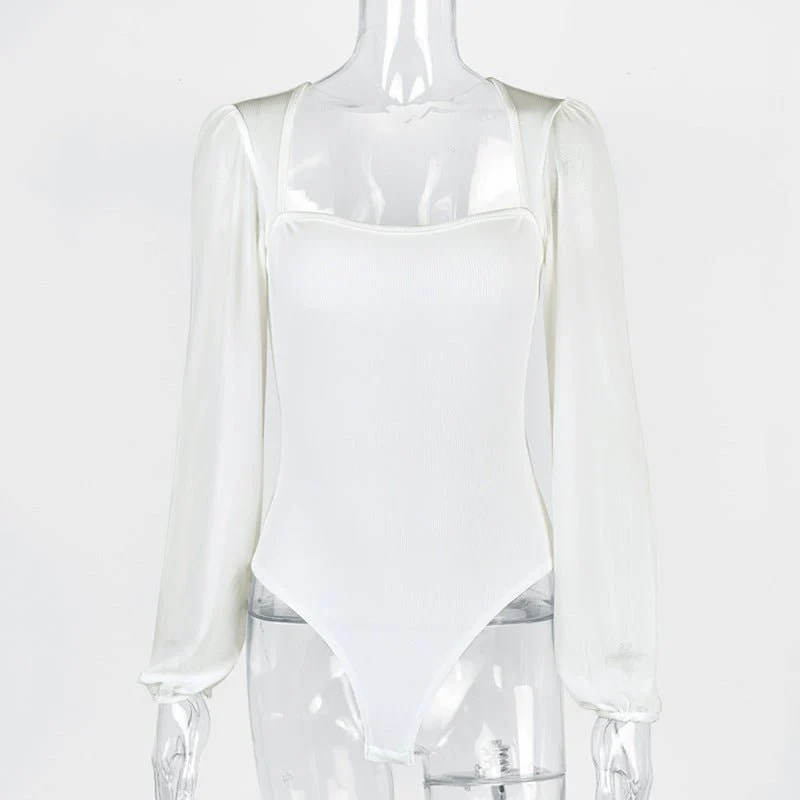 Splicing mesh lantern sleeve jumpsuit female bodysuit - Image 13
