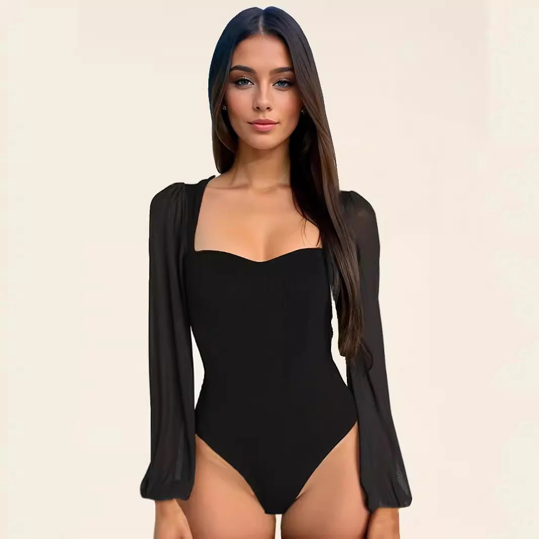 Splicing mesh lantern sleeve jumpsuit female bodysuit - Image 2