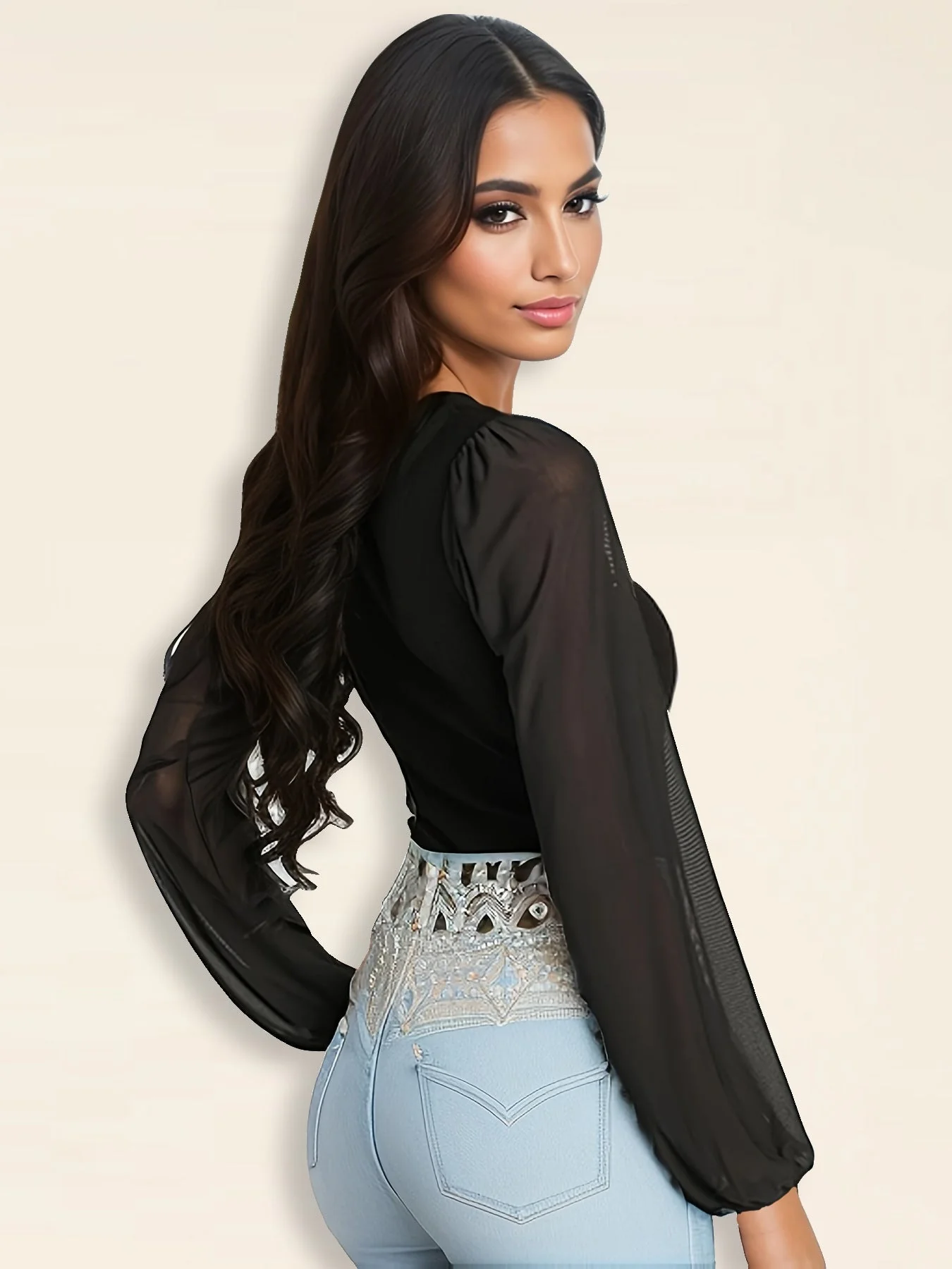 Splicing mesh lantern sleeve jumpsuit female bodysuit - Image 5