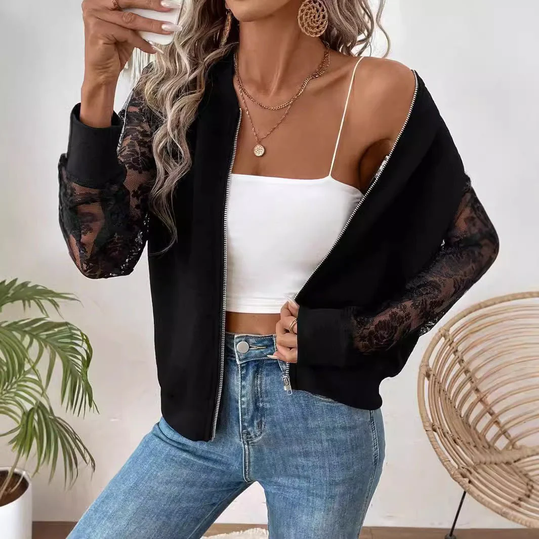 spring 2025 new elegant women's lace splicing long-sleeved baseball collar jacket top coat