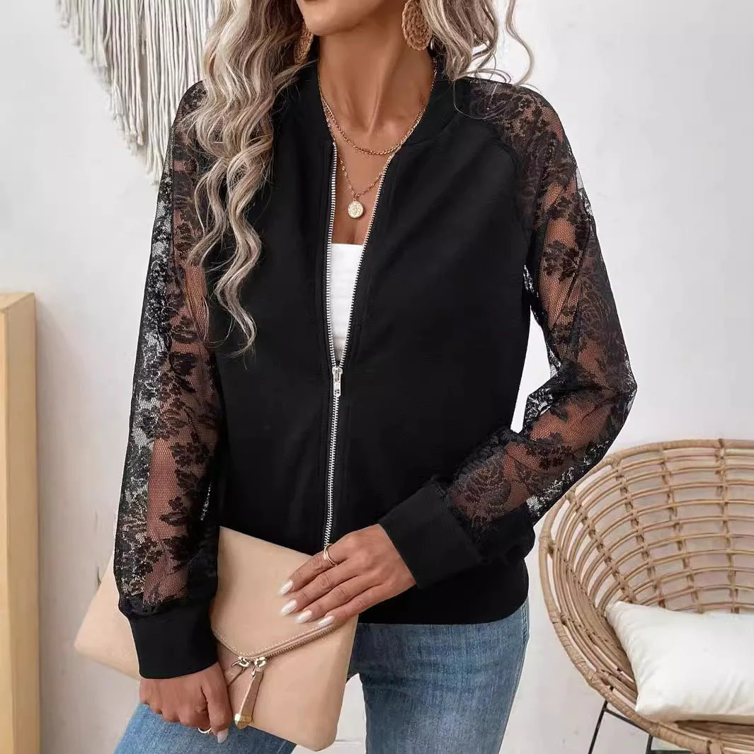 spring 2025 new elegant women's lace splicing long-sleeved baseball collar jacket top coat - Image 4