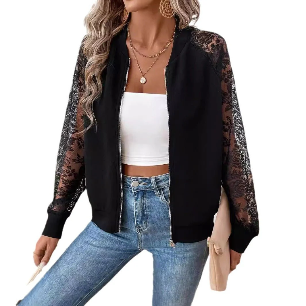 spring 2025 new elegant women's lace splicing long-sleeved baseball collar jacket top coat - Image 5