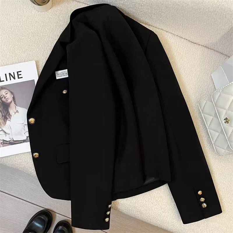 Spring 2025 Trendy College Style Streetwear – Black Casual Short Suit Jacket