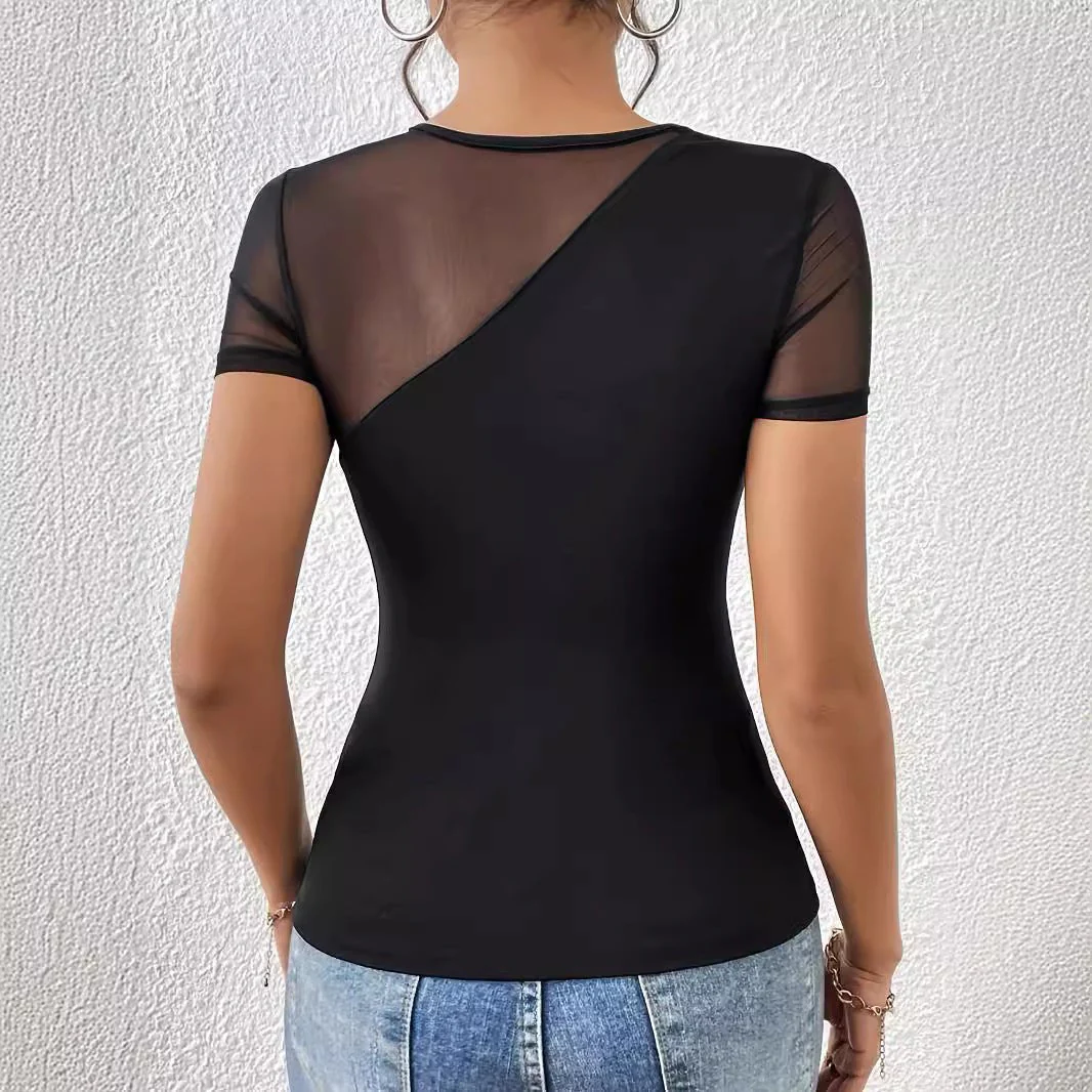 spring and summer 2025 new sexy solid color short-sleeved net splicing new T-shirt thin top women - Image 2