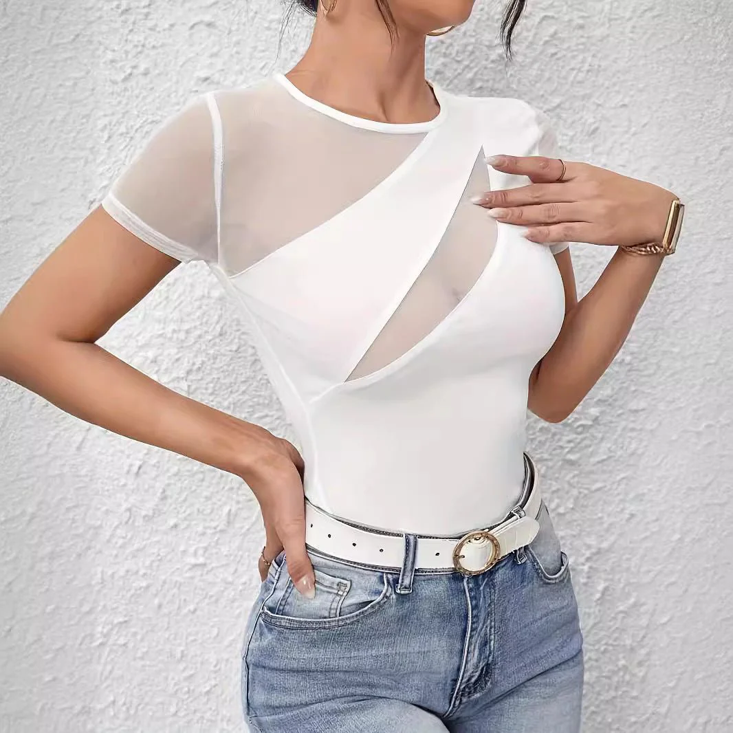 spring and summer 2025 new sexy solid color short-sleeved net splicing new T-shirt thin top women - Image 4