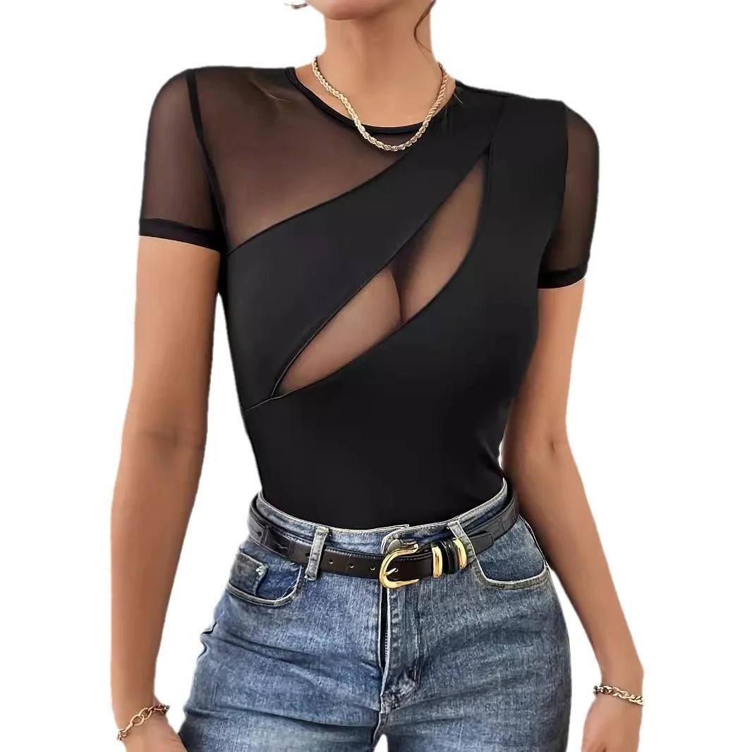spring and summer 2025 new sexy solid color short-sleeved net splicing new T-shirt thin top women - Image 5