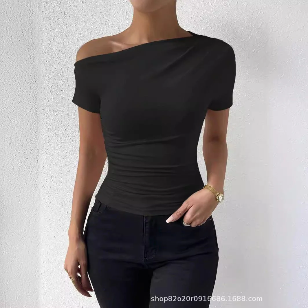 Spring and summer new slim pleated irregular short-sleeved T-shirt top FD - Image 7