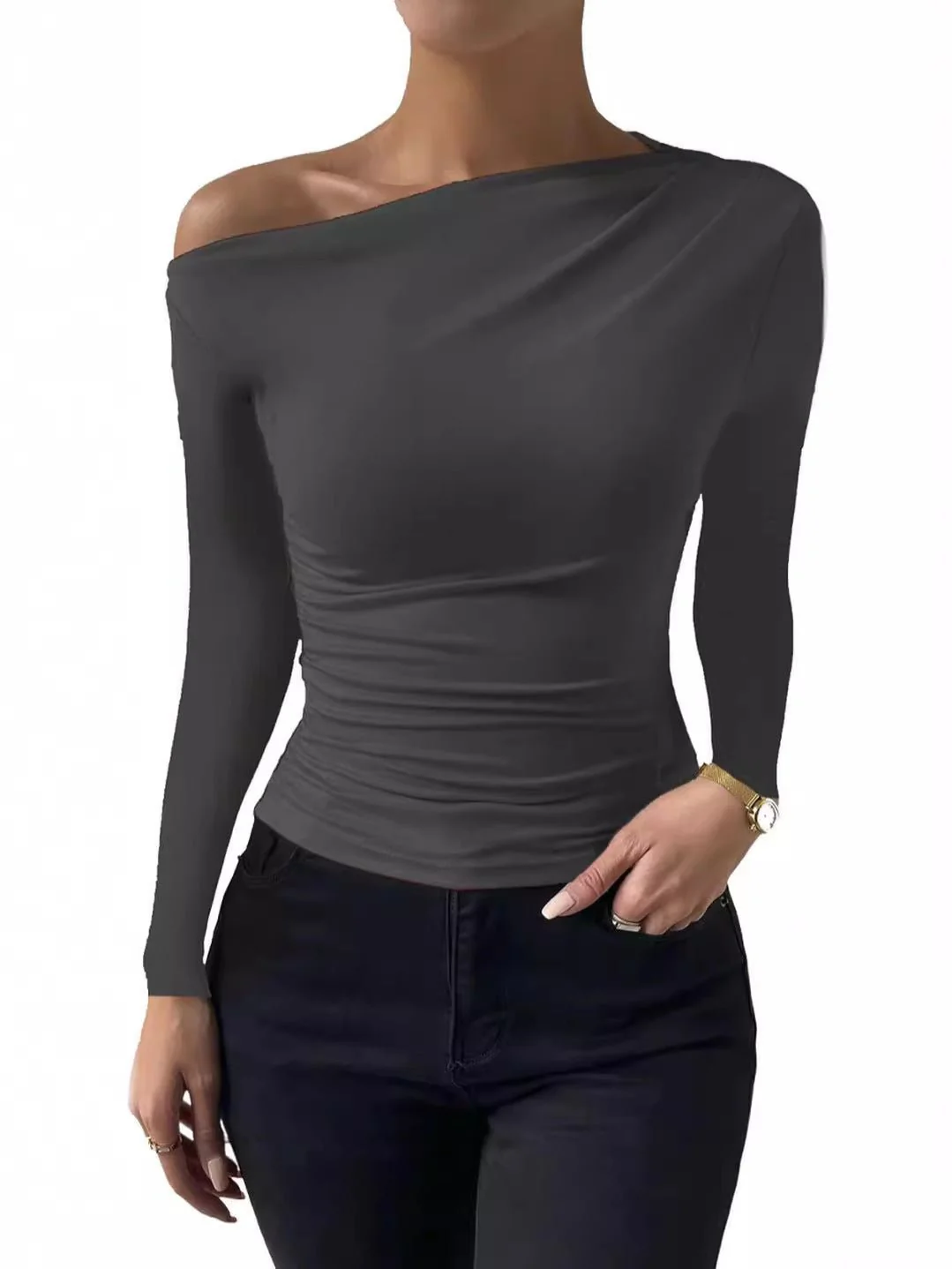 Spring and summer new slim pleated irregular short-sleeved T-shirt top FD - Image 8