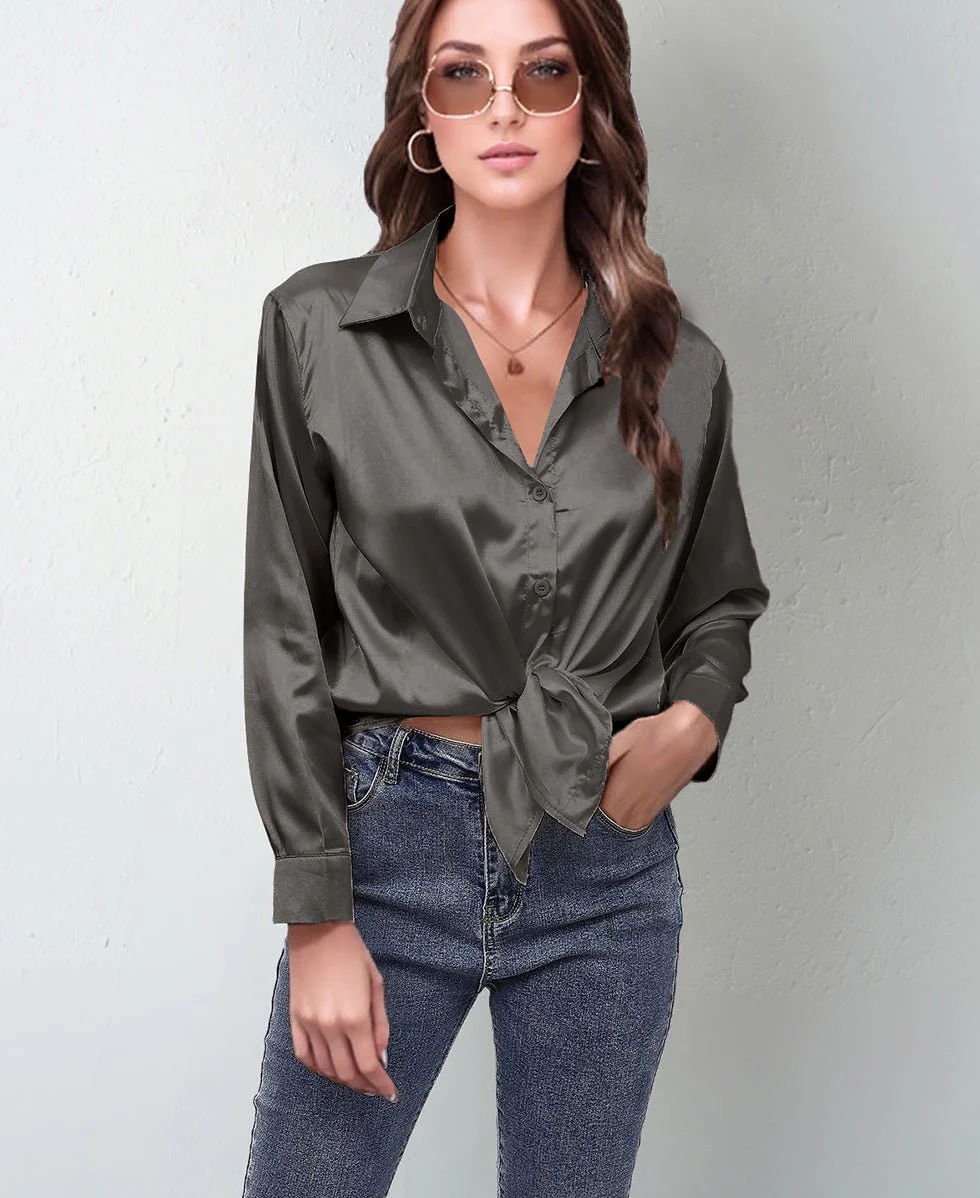 spring and summer new style satin satin shirt female imitation silk long-sleeved shirt - Image 20
