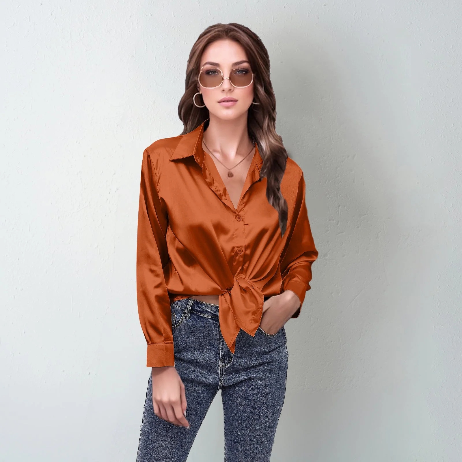 spring and summer new style satin satin shirt female imitation silk long-sleeved shirt - Image 38