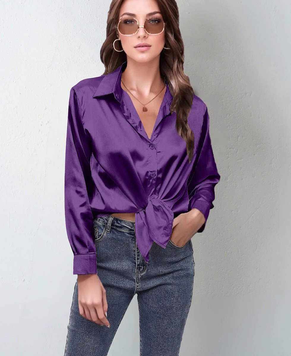 spring and summer new style satin satin shirt female imitation silk long-sleeved shirt - Image 55