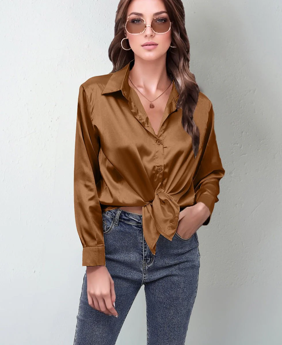 spring and summer new style satin satin shirt female imitation silk long-sleeved shirt - Image 6