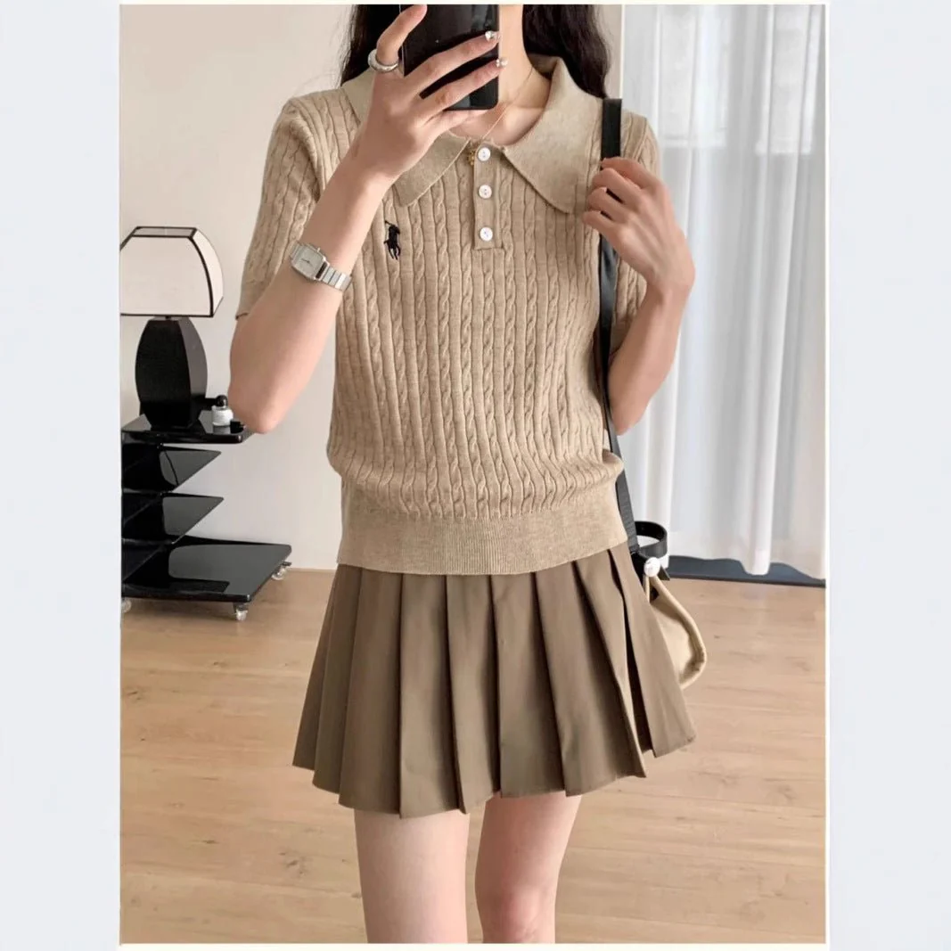 Spring and Summer Polo Neck Knitted Sweater Women's Pony Embroidered Slim Sleeve Short Sleeve T-Shirt Bottom Shirt Vintage Twist Top