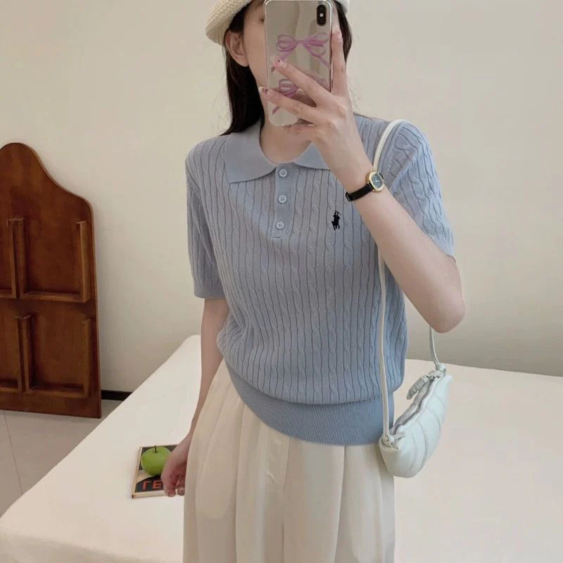 Spring and Summer Polo Neck Knitted Sweater Women's Pony Embroidered Slim Sleeve Short Sleeve T-Shirt Bottom Shirt Vintage Twist Top - Image 10