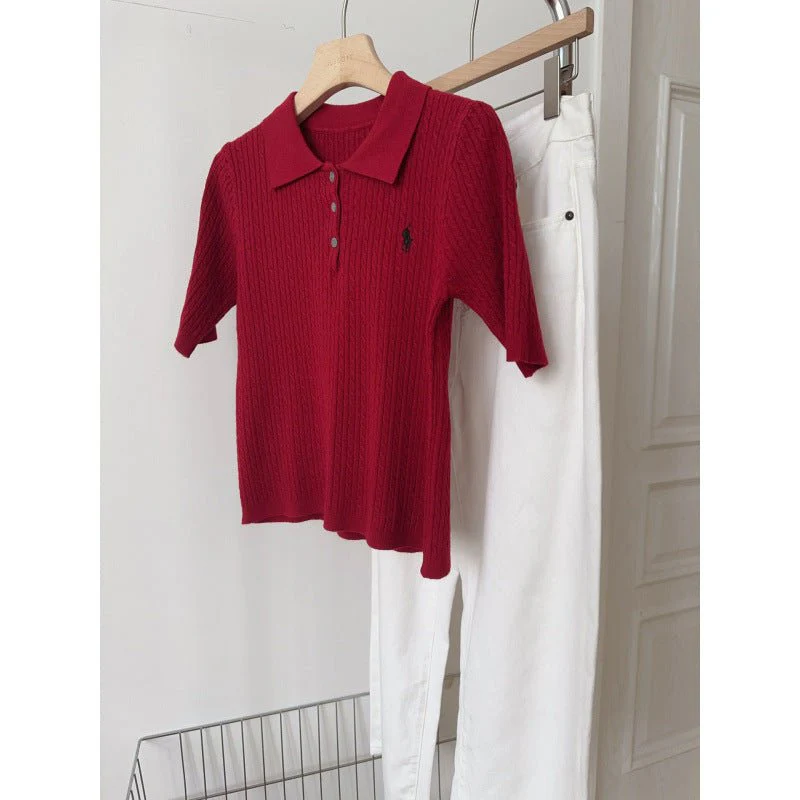 Spring and Summer Polo Neck Knitted Sweater Women's Pony Embroidered Slim Sleeve Short Sleeve T-Shirt Bottom Shirt Vintage Twist Top - Image 11