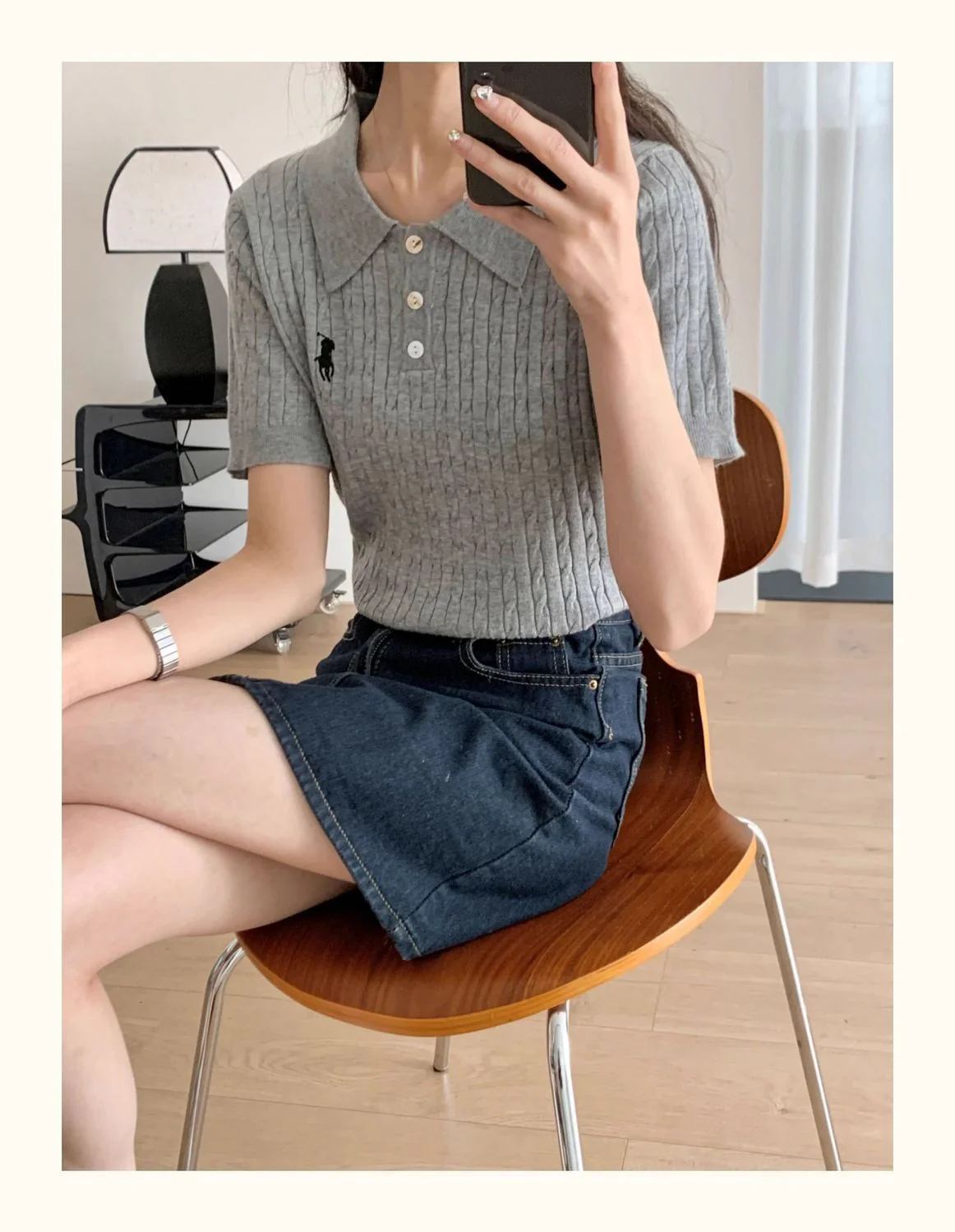 Spring and Summer Polo Neck Knitted Sweater Women's Pony Embroidered Slim Sleeve Short Sleeve T-Shirt Bottom Shirt Vintage Twist Top - Image 12