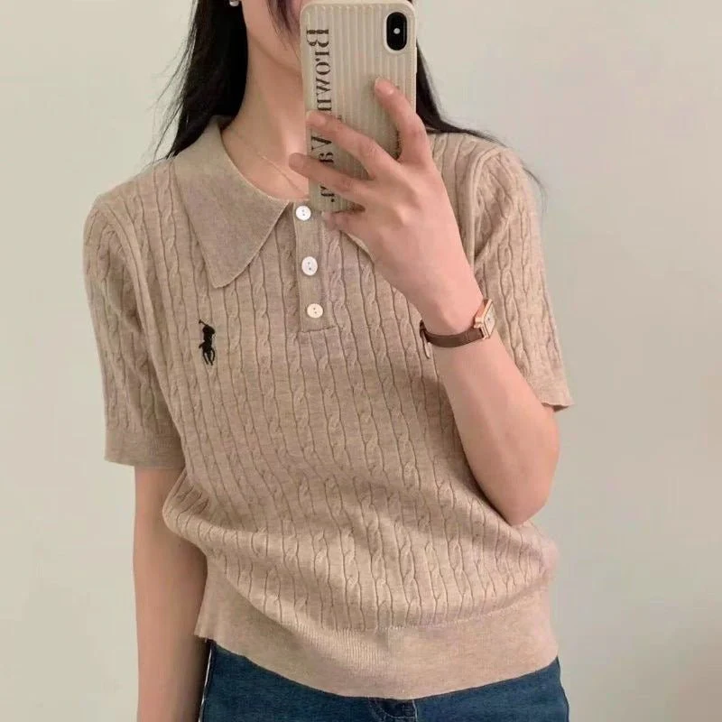 Spring and Summer Polo Neck Knitted Sweater Women's Pony Embroidered Slim Sleeve Short Sleeve T-Shirt Bottom Shirt Vintage Twist Top - Image 13
