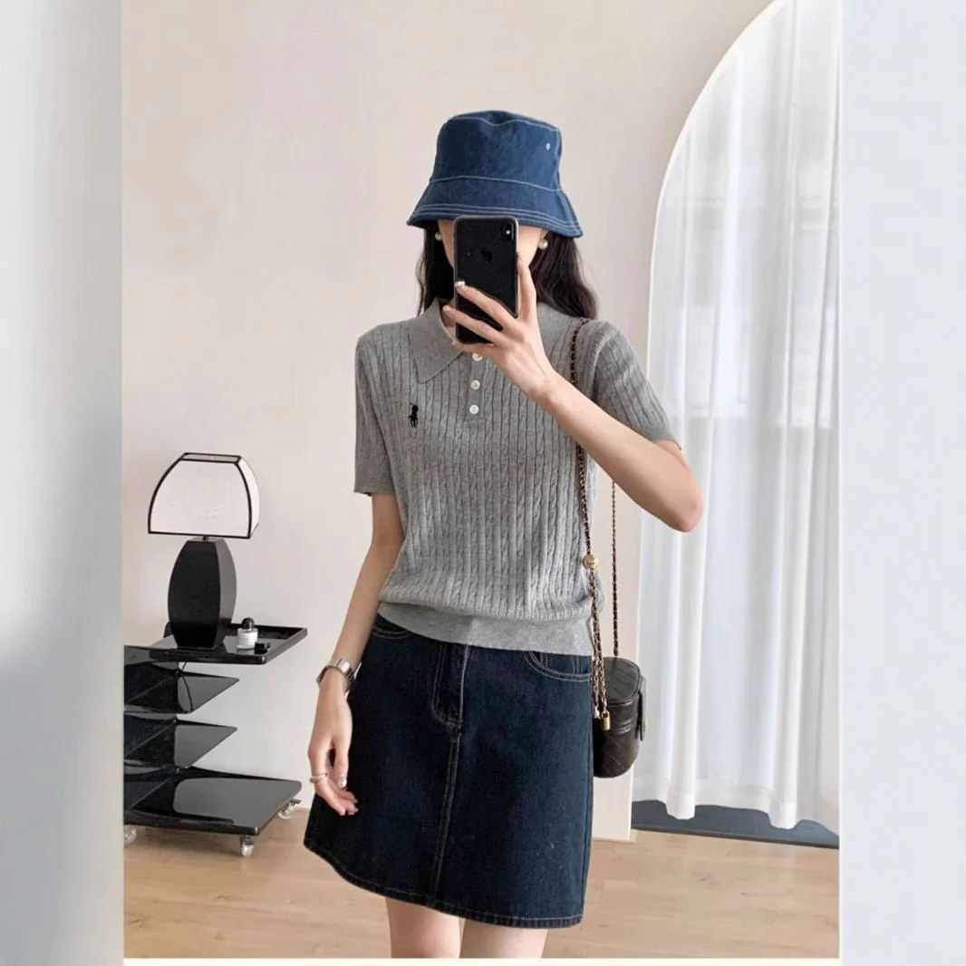 Spring and Summer Polo Neck Knitted Sweater Women's Pony Embroidered Slim Sleeve Short Sleeve T-Shirt Bottom Shirt Vintage Twist Top - Image 2