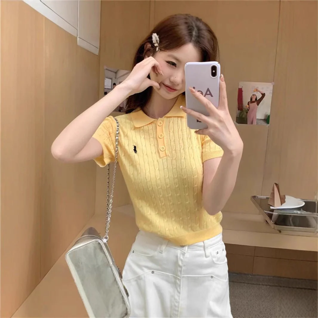 Spring and Summer Polo Neck Knitted Sweater Women's Pony Embroidered Slim Sleeve Short Sleeve T-Shirt Bottom Shirt Vintage Twist Top - Image 3