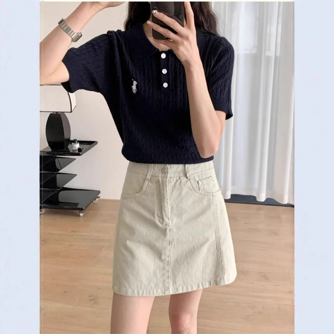 Spring and Summer Polo Neck Knitted Sweater Women's Pony Embroidered Slim Sleeve Short Sleeve T-Shirt Bottom Shirt Vintage Twist Top - Image 4