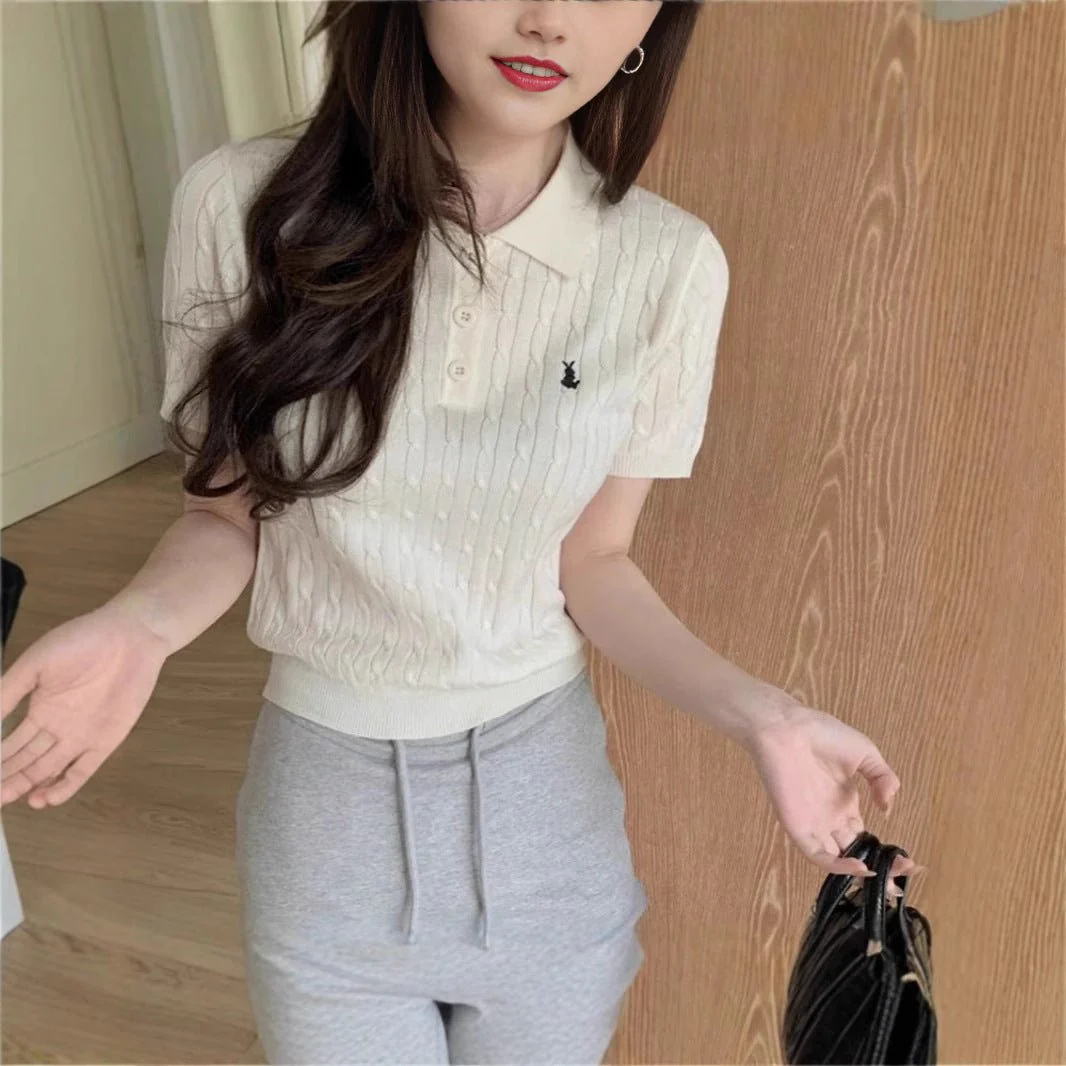 Spring and Summer Polo Neck Knitted Sweater Women's Pony Embroidered Slim Sleeve Short Sleeve T-Shirt Bottom Shirt Vintage Twist Top - Image 5