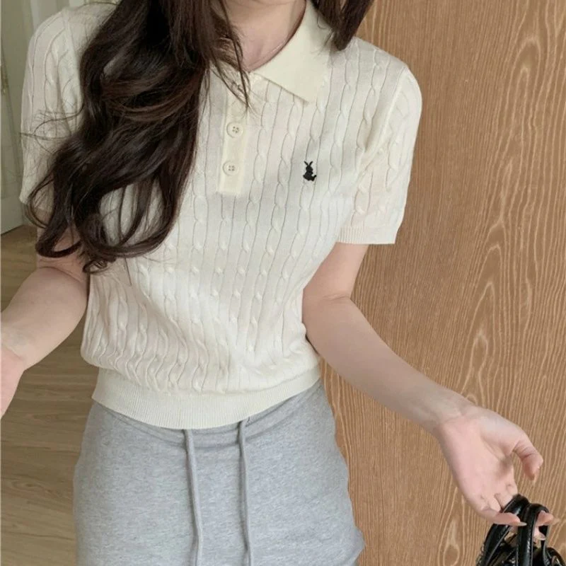 Spring and Summer Polo Neck Knitted Sweater Women's Pony Embroidered Slim Sleeve Short Sleeve T-Shirt Bottom Shirt Vintage Twist Top - Image 7